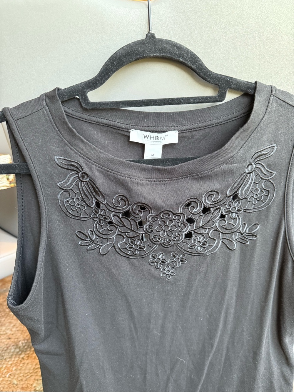 White House Black Market Charcoal Embroidered Neckline Tank